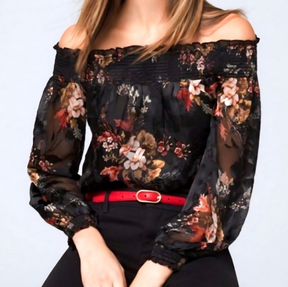 White House Black Market Size Medium Silk Burnout Off- Shoulder Style Blouse NWT